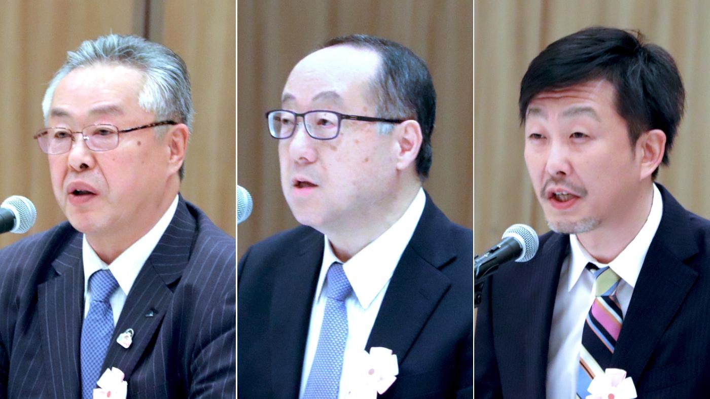 左から樽井功道農協中央会会長、丸谷智保セコマ会長、小林晋也ファームノートHD代表