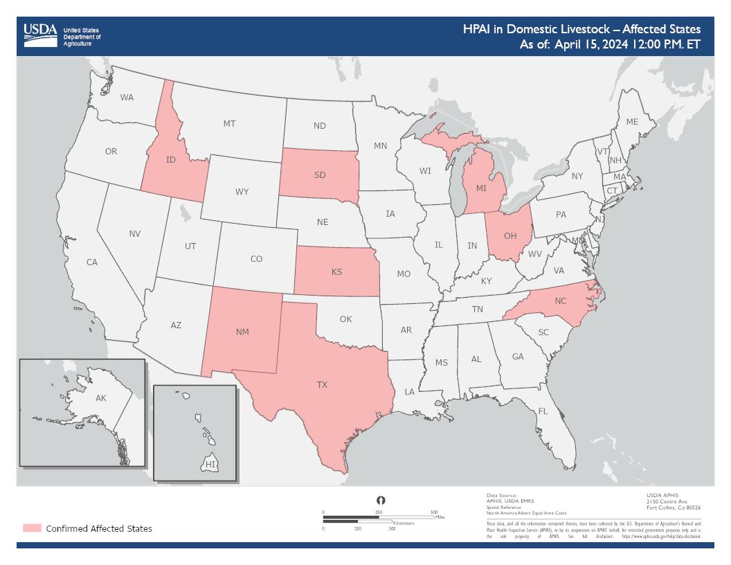 鳥インフルの感染牛が見つかった8州（現地時間15日現在、USDA調べ）