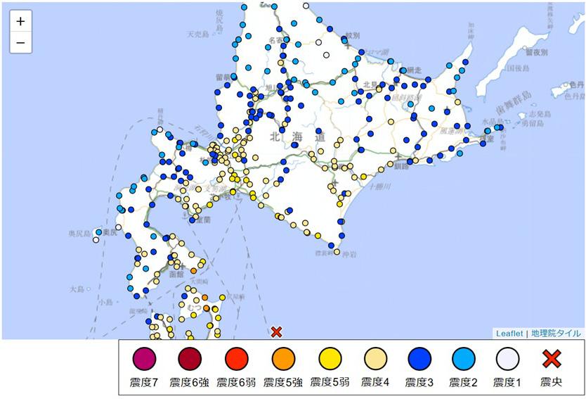 北海道では函館市で最大震度5強を観測（気象庁ホームページより引用）
